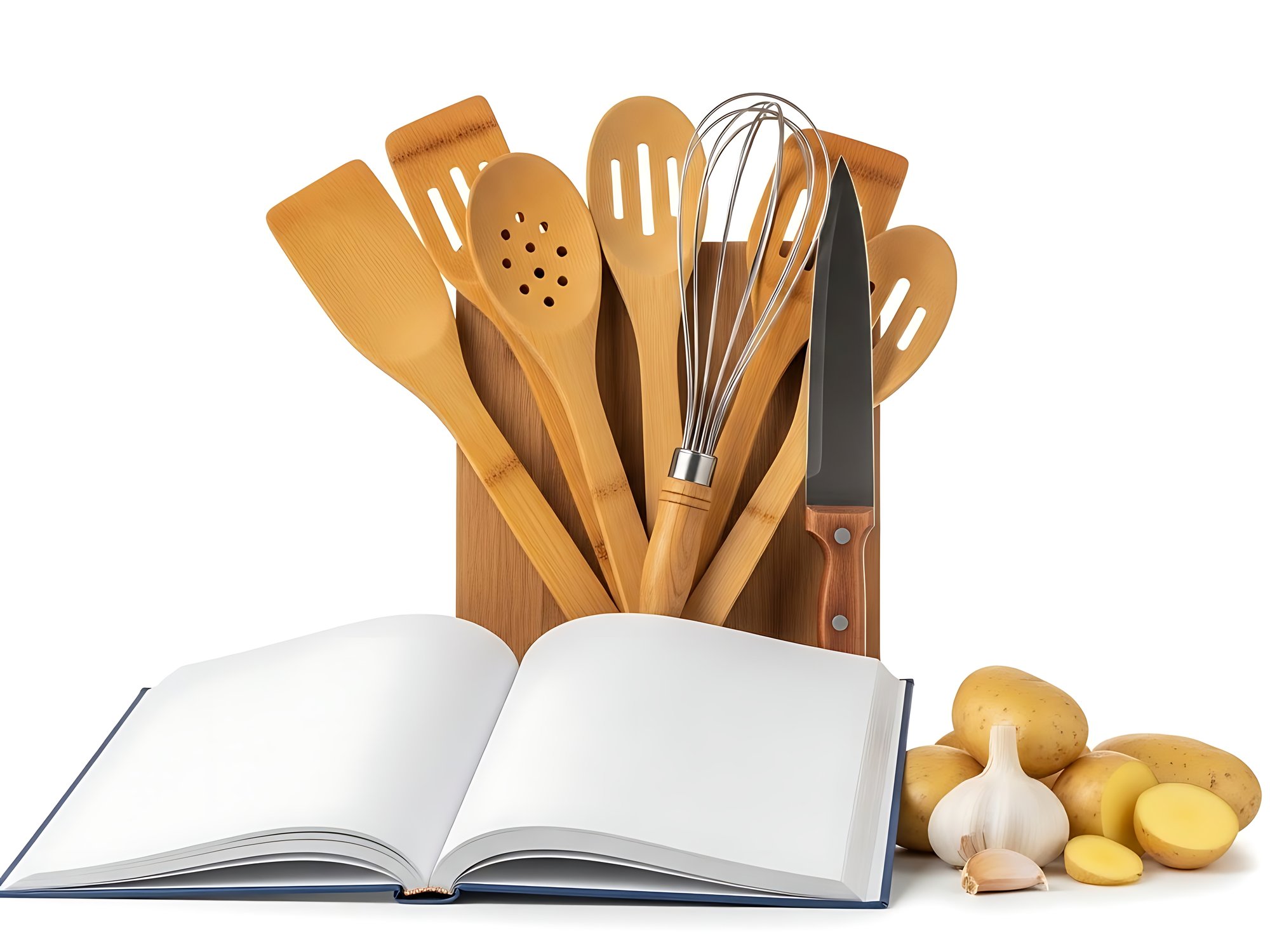 Subscription-themed still life with cookbook and utensils